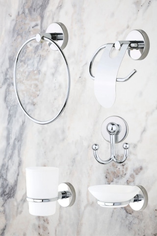 MultiStore 5li Banyo Aksesuar Seti Halka Havluluk/Tuvalet Kağıtlığı/Askılık/Sabunluk/Diş Fırçalık Gri