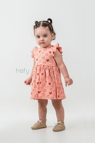 Hafy Baby Fırfır Kollu, Kırmızı Kalp Desenli, Yazlık Kız Çocuk / Bebek Elbisesi Yavruağzı