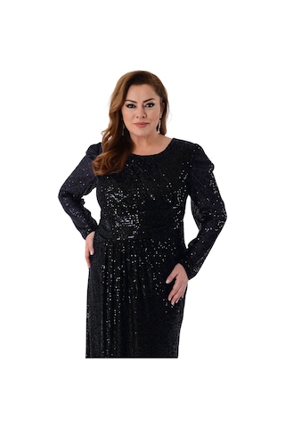 Lilas Xxl Kadın Büyük Beden Full Pul Payet İşlemeli Uzun Abiye Elbise 2482 Siyah Siyah