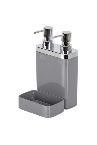 Gri Sünger Hazneli Mutfak Sıvı Sabunluk 300 Ml Ve Bulaşık Deterjanlık 500 Ml Gri