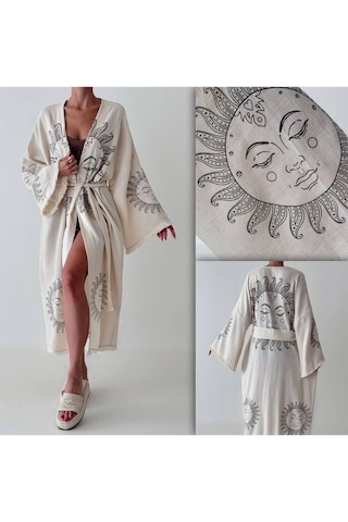 Karakalem Astroloji Güneş Desenli Kemerli Püsküllü Doğal Kumaşlı Bohem Sahil Kimono Kaftan Bej Bej