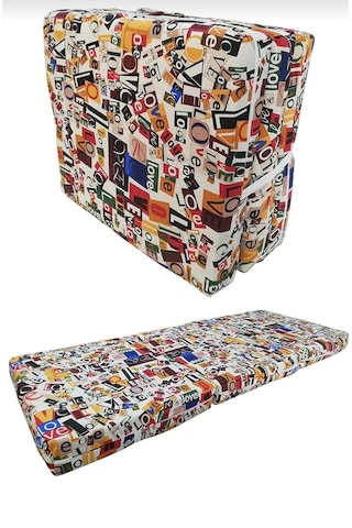 Katlanır Yer Yatağı Tek Kişilik Sünger Minder Yatak 90x190x 10 Cm Gri Kalın Sünger Love Desen Karışık Renk