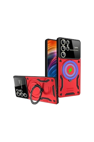 Samsung Uyumlu Galaxy S24 Ultra Kılıf Joy Lens Standlı Kapak - Kırmızı Çok Renkli
