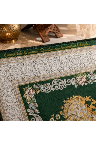 Bk Gift Kişiye Özel Nakış İşlemeli Çiçek Desenli Kendinden Saçaklı Yeşil Renk Hediyelik Seccade