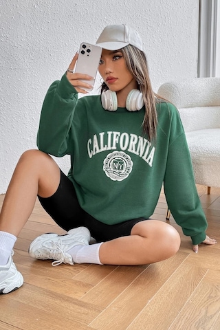 Modagen Unisex Yeşil California Baskılı Bisiklet Yaka Oversize Sweatshirt Yeşilsw