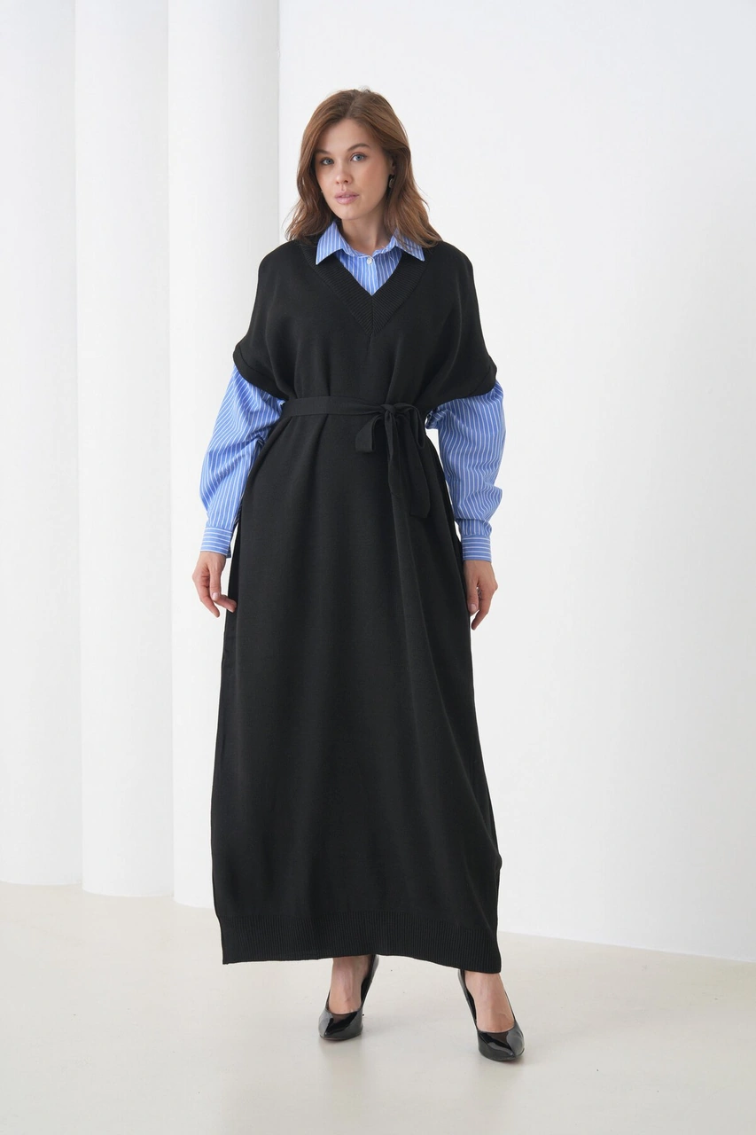 Kadın Uzun Kol Gömlek Yaka İçi Gömlekli Triko Kuşaklı Triko Spor Şık Elbise Siyah