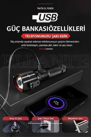 Şarj Edilebilir Led El Feneri 1500 Lümen Güçlü Işık, Çok Fonksiyonlu Ve Dayanıklı Tasarım Çok Renkli