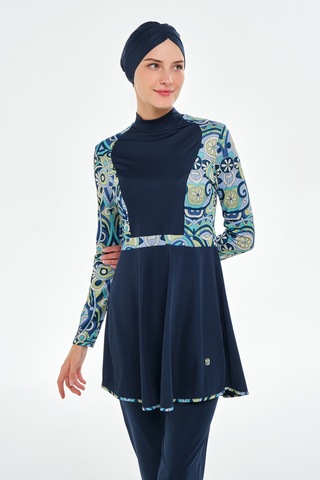 Likralı Tam Kapalı Tesettür Mayo Desen Detaylı 3118 Koyu Lacivert Koyu Lacivert