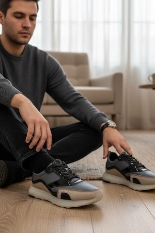 Enoch Erkek Casual Sneaker - Hakiki Deri Detaylı Hafif Taban Günlük Yürüyüş Ayakkabısı Gri