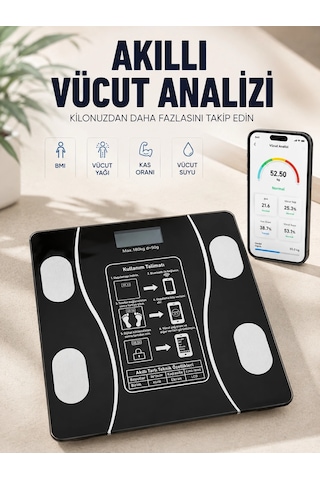 Akıllı Vücut Analiz Baskülü Bluetooth Bağlantılı 4 Sensörlü Lcd Ekranlı Dijital Tartı