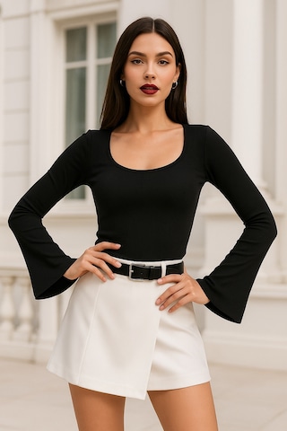 Rich Kadın Siyah Soft Touch Fitilli Çan Kollu Bluz Siyah