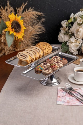 2'li Gümüş Dikdörtgen, Ayaklı Şık Kek, Pasta, Kurabiye Ve Tatlı Servis Sunum Standı Gümüş