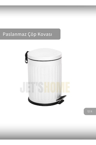 Jet's Home Pedallı Banyo Çöp Kovası Paslanmaz 12 Lt Mutfak Çöp Kutusu Beyaz Beyaz