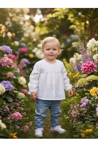 Kız Bebek Pamuklu Hakim Yaka Dokuma Gömlek-16357 Beyaz