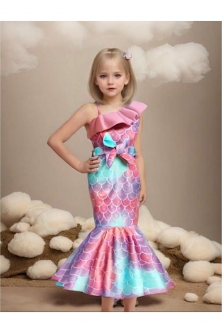Deniz Kızı Desenli Volanlı Elbise Çok Renkli