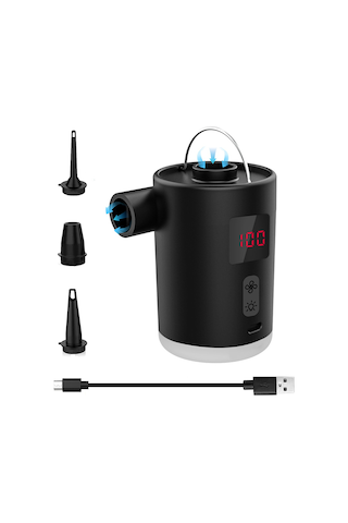 Tenfowee Dış Mekan Taşınabilir Elektrikli Hava Pompa, Led Işık Ve Elektrik Göstergesi, 3 Aydınlatma Modu, 3 Fişli, Siyah Dahili Li-pol Batarya