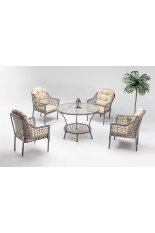 Zen Masalı Çay Seti Bahçe Ve Balkon Mobilyası Takımı 1+1+1+1+ Çap 110 Masa ,çift Renk Krem