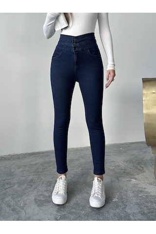 Kadın 3 Kemerli Yüksek Bel Kot Dar Paça Pantolon Lacivert