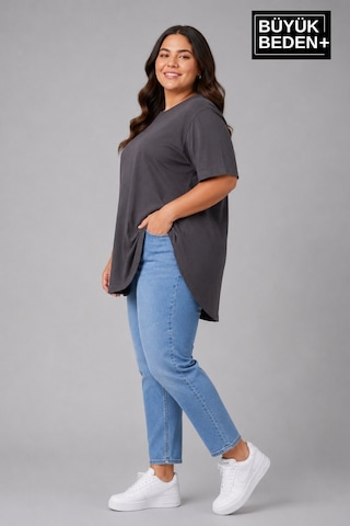 Superlife Büyük Beden Kadın Bisiklet Yaka Basic Oval Etek Detalylı 3xl-6xl Uzun Tunik Spr26btsk502 Antrasit