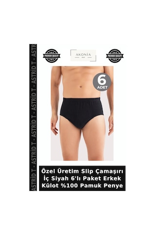 Astrid T Özel Üretim Slip Çamaşırı İç Siyah 6'lı Paket Erkek Külot %100 Pamuk Penye