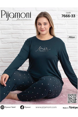 Pijamoni Kadın Milan Büyük Beden Bisiklet Yaka Uzun Kol İnce Pijama Takımı 7666/33 - 1 Adet Petrol