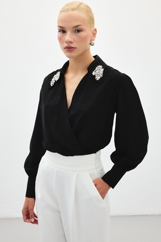 Sateen Aksesuar Detaylı Bodysuit Bluz - Siyah-134783