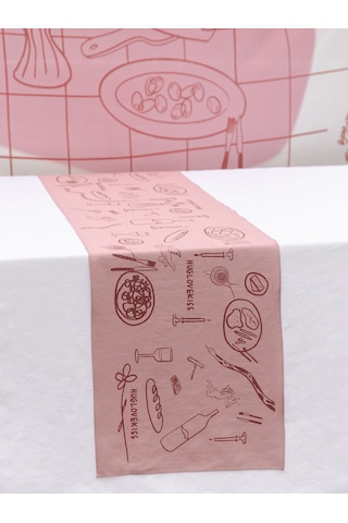 Huglovekiss Cheese&pasta %100 Keten Özel Tasarım Runner Pembe Koyu Pembe