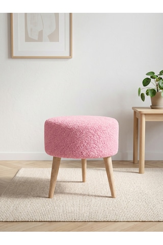 Pembe Welsoft Kumaş Yuvarlak Puf Ahşap Ayaklı Demonte Modern Puf Tabure 40x42 Cm