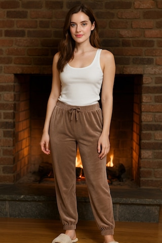 Kadın Paçası Lastikli Cep Detaylı Kadife Kumaş Tek Alt 503 Vizon Vizon