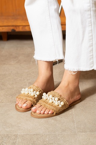 Dabab Shoes Mınoa Kadın İnci Detaylı Hasır Dokulu Düz Bej Terlik