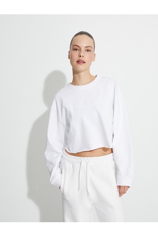 Koton Oversize Crop Sweatshirt Şardonlu Basic Uzun Kollu Pamuklu Beyaz 4wak10096nk Beyaz