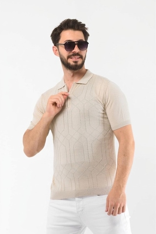 Onno Pamuklu Fermuarlı Desenli Triko Tshirt Bej
