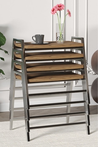 Zigon Sehpa , Aden 4'lü Tepsi Zigon Sehpa Takımı Gümüş Metal - Atlantik Çam Tabla Gümüş-atlantik Çam