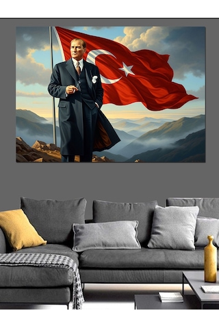 Tepede Dalgalanan Türk Bayrağı Ve Atatürk Dekoratif Kanvas - Mdf Ahşap Tablo