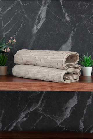 Tuğla Desenli 2li Ayak Havlusu - 50x70 Cm - Su Emici Banyo Paspası Seti - Krem Krem