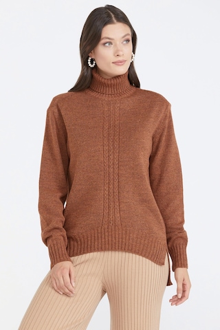 Tam Balıkçı Kadın Triko Kazak - Taba