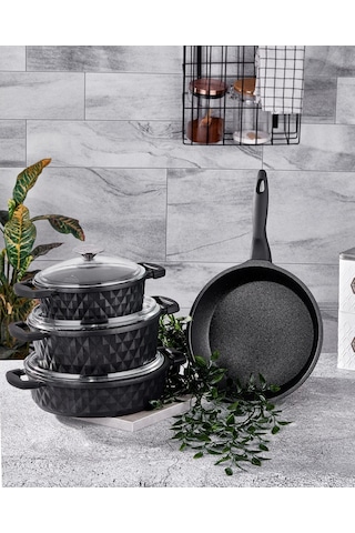 Taç Carabella Döküm 7 Parça Cam Kapak Tencere Seti Siyah