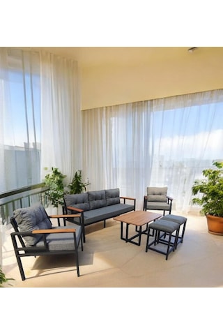 Pielize Bahçe Ve Balkon Mobilyası Gri 3+1+1, Sehpa Ve 2 Puflu Gri