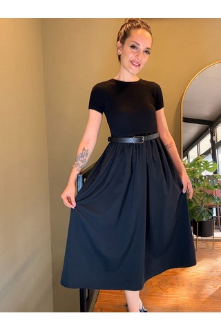 Ali Butik Siyah Kemerli Basıc Midi Elbise