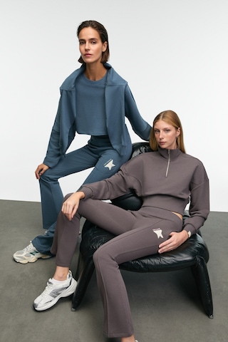 Grımelange ANOUK Kadın Pamuklu Baskı Ve Patch Detaylı Bisiklet Yaka Crop Petrol Mavisi Sweatshirt