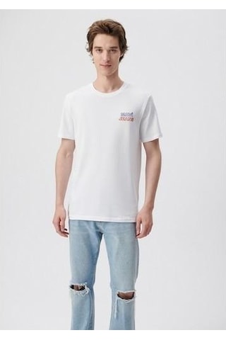 Mavi M066841-620 Beyaz Erkek Mavi Baskılı T-shirt Beyaz