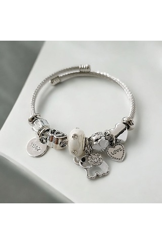 Kadın Çelik Charm Bileklik Bilezik Fil Figürlü Ekru Çelik