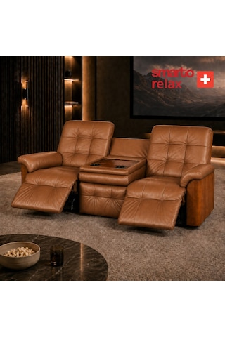 Smarto Relax Berlin 3 Lü Orta Konsollu Bardaklıklı Yatar Ayak Uzatmalı Ergonomik Deri Sinema Tv Koltuğu Kahverengi