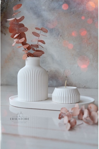 Beyaz Renk 3 Parça Tealight Vazo Tepsi Seti 001