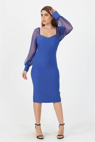 Dip Moda Kadın Yeni Sezon Kolları Tül Midi Boy Likralı Elbise Nb10004 Saks