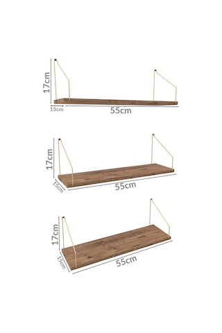 Duvar Rafı Kitaplık Mutfak Banyo Yaşam Alanı 3 'lü Set 15 X 55 Cm Gold Kol Çam