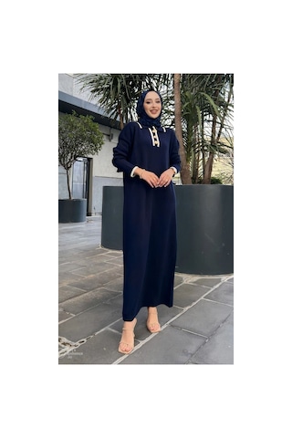 Kurgan Tekstil Kadın Oversize Düğmeli V Yaka Fitilli Triko Tesettür Elbise Günlük Kullanım Kombinlenebilir Lacivert - 711224635 Lacivert