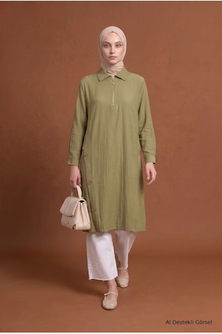 Armine Trend Fermuar Detaylı Yakalı Uzun Tunik Yan Düğme Detaylı Rahat Kesim Tesettür Tunik 111 Cm Boy Küf Yeşili 26yt447
