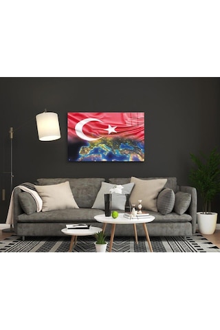 Türk Bayrağı Ve Dünya Haritası Cam Tablo