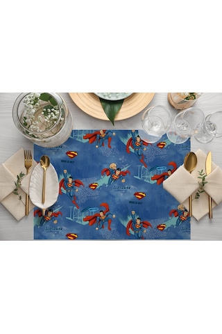 Adawall Home Blue Superman Kumaş Amerikan Servis 4'lü Set Çok Renkli